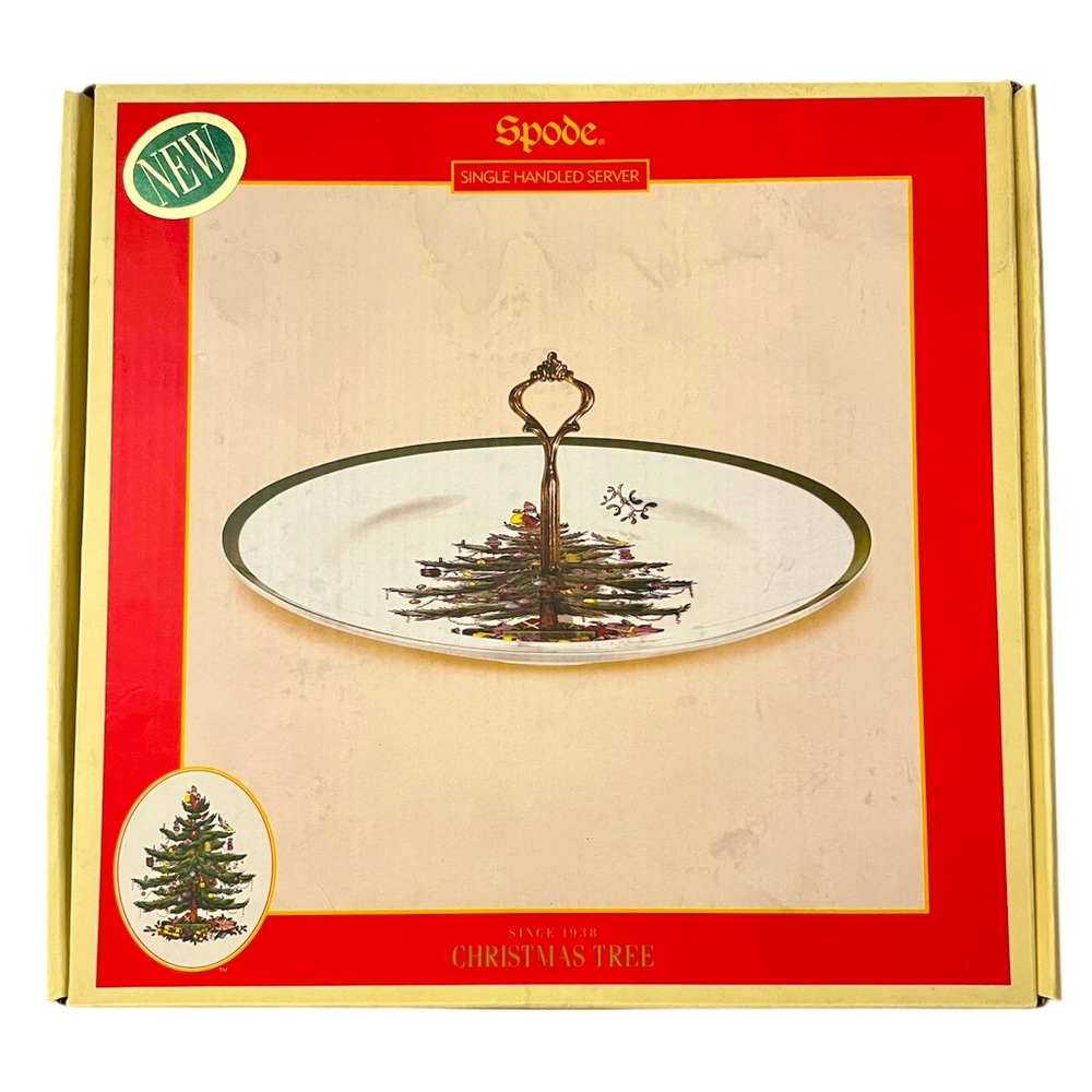 SPODE Xmas Tree 1 Tidbit Snack Serving Tray Gold Handle 10 3/4" NEW England NWT